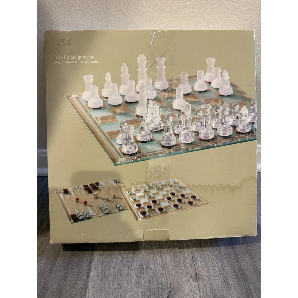 Sonoma 3 in 1 Glass Chess Set & Pieces Checkers & Backgammon Strategy BRAND NEW
